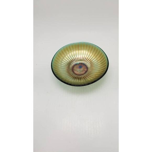 Vintage Stippled Ray Carnival Glass Bowl, Green Gold, Imperial Glass? Northwood? - Picture 5 of 6